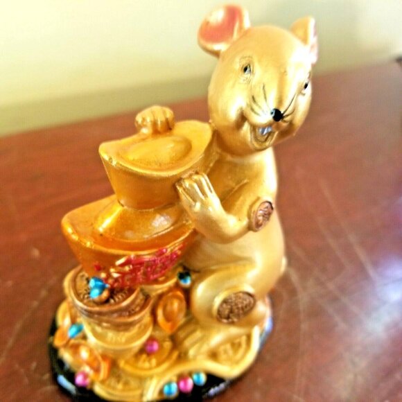 Feng Shui Gold Luck Chinese Mouse Animal Figurine Statue Gold Feng Shui Zodiac - Picture 4 of 8